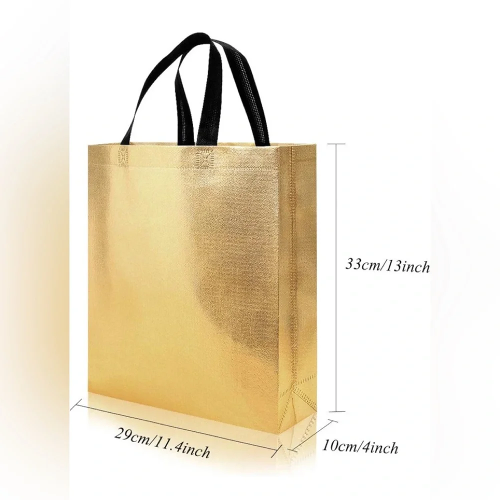 11 Sturdy Reusable Bags with handles in glossy gold.